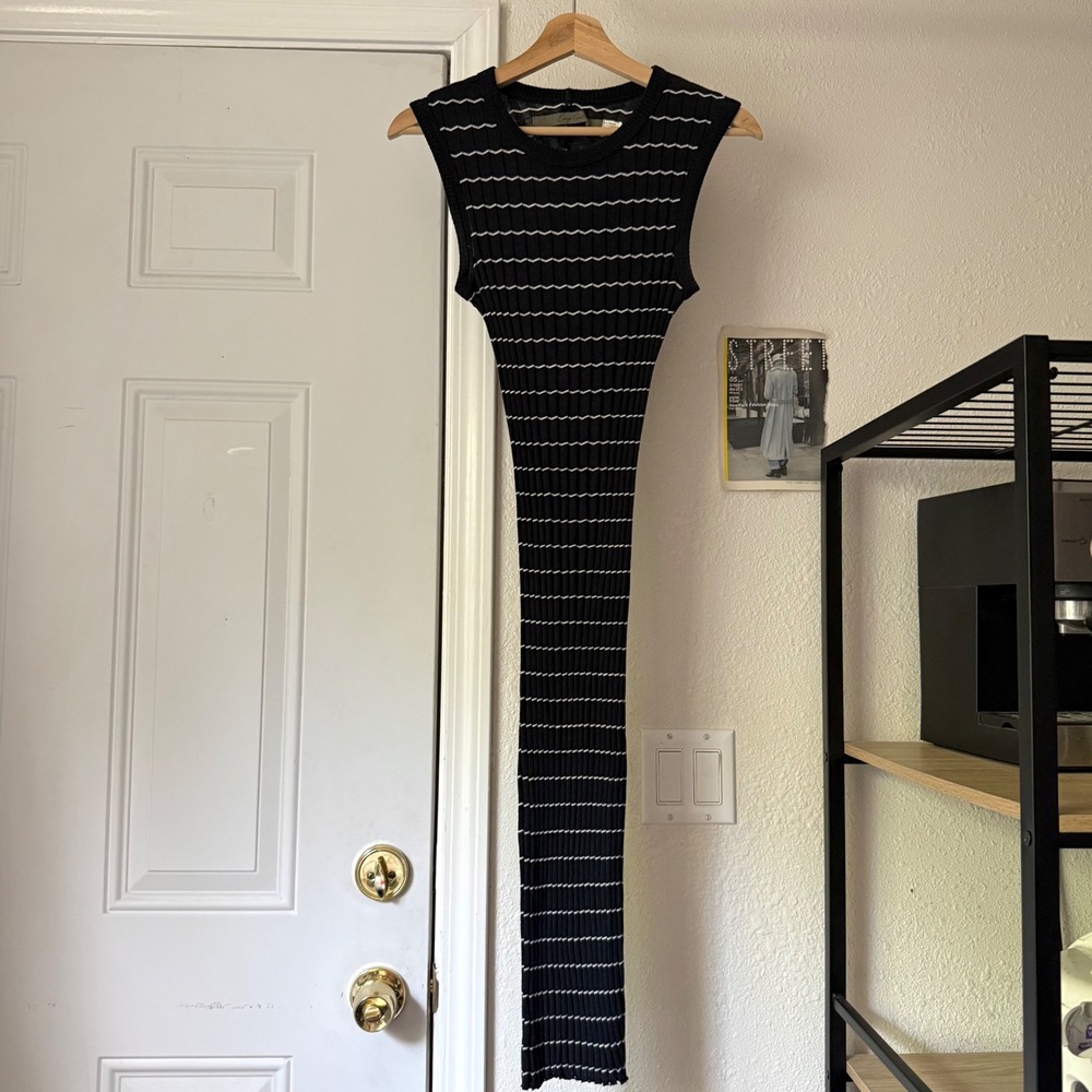ENZA COSTA black white striped bodycon stretchy sleeveless midi dress